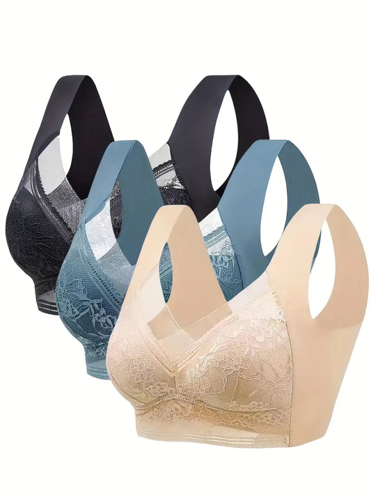 Contrast Lace Wireless, Comfy & Breathable Full Coverage Bra - Pack of 3